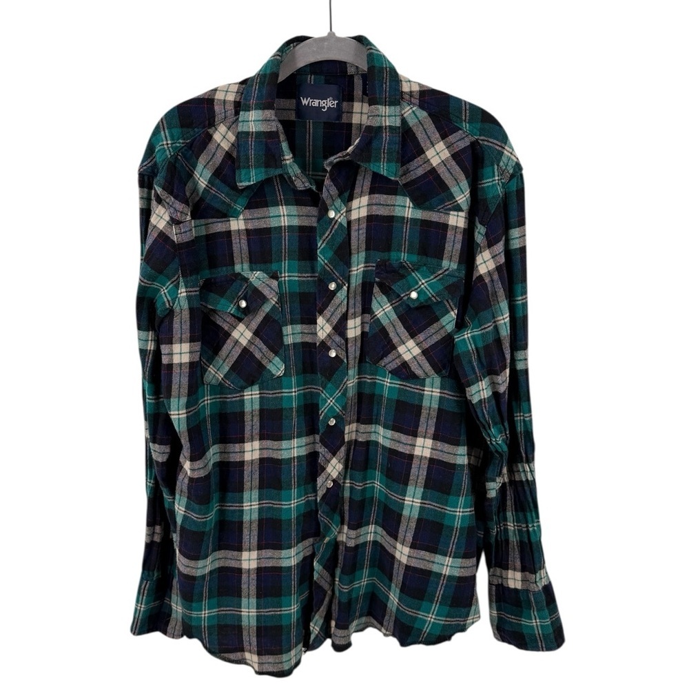 Vintage Wrangler Shirt Womens Large Blue Green Plaid Pearl Snap Western USA 90s